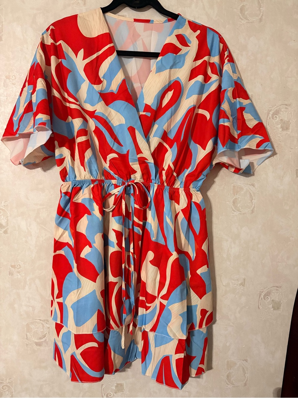 Abstract V-Neck Summer Dress in Red, Blue & Cream